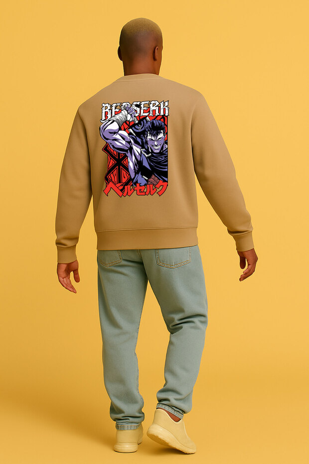 Lenithra Berserk Guts Anime Back Printed Unisex Oversize Beige Sweatshirt