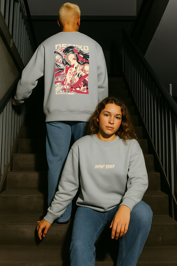 Lenithra Demon Slayer Nezuko Kamado Anime Back Printed Unisex Oversize Gray Sweatshirt