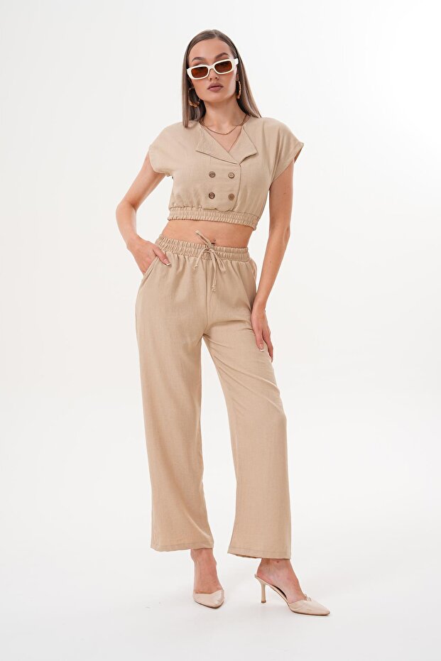 Women's Buttoned Crop Trousers Two-Piece Set 260012
