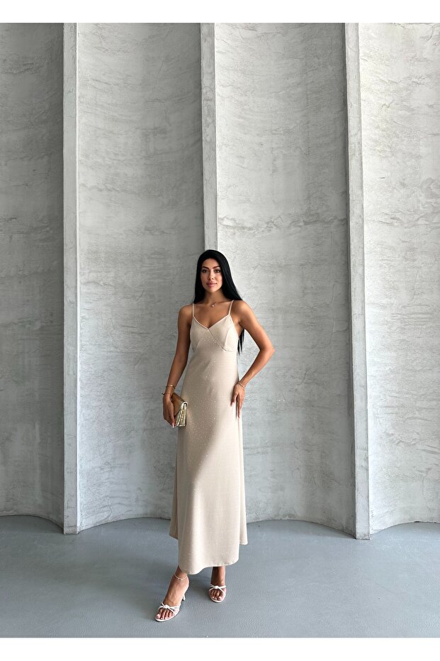Women's Stone Thin Strap Stone Detailed Midi Dress