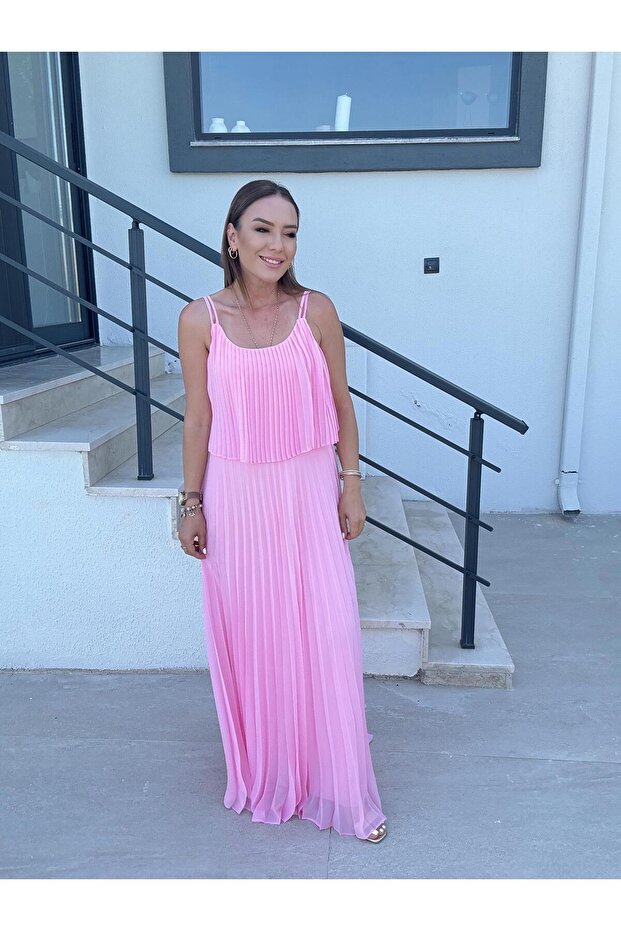 Piliseli Şifon Elbise PEMBE - 7