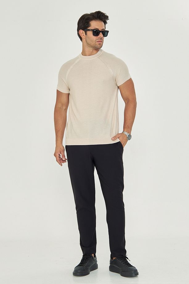 İnce Yazlık Soft Pamuklu Bisiklet Yaka Triko Tshirt - Taş | Mes511597-01 - 3