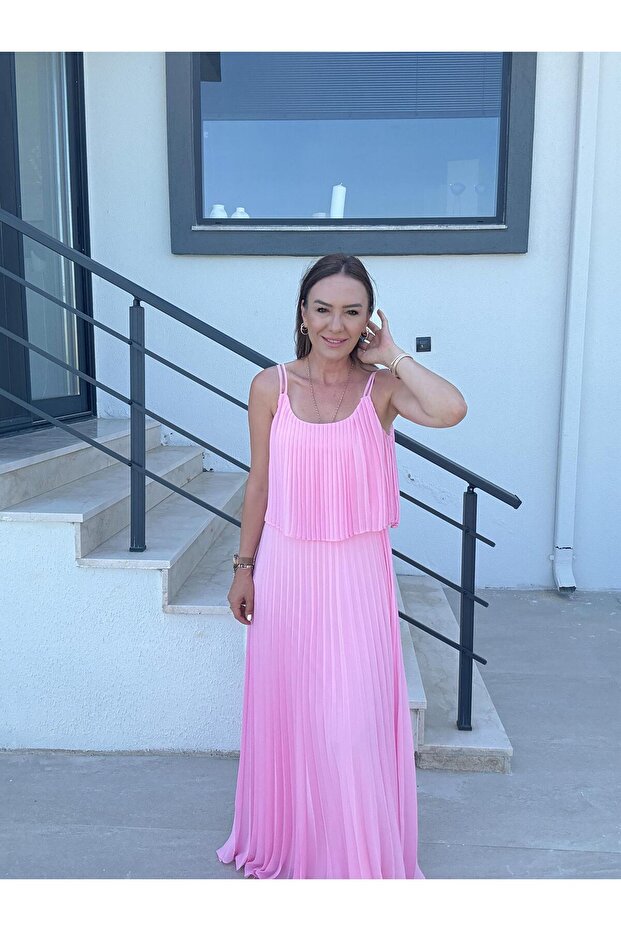 Piliseli Şifon Elbise PEMBE - 8