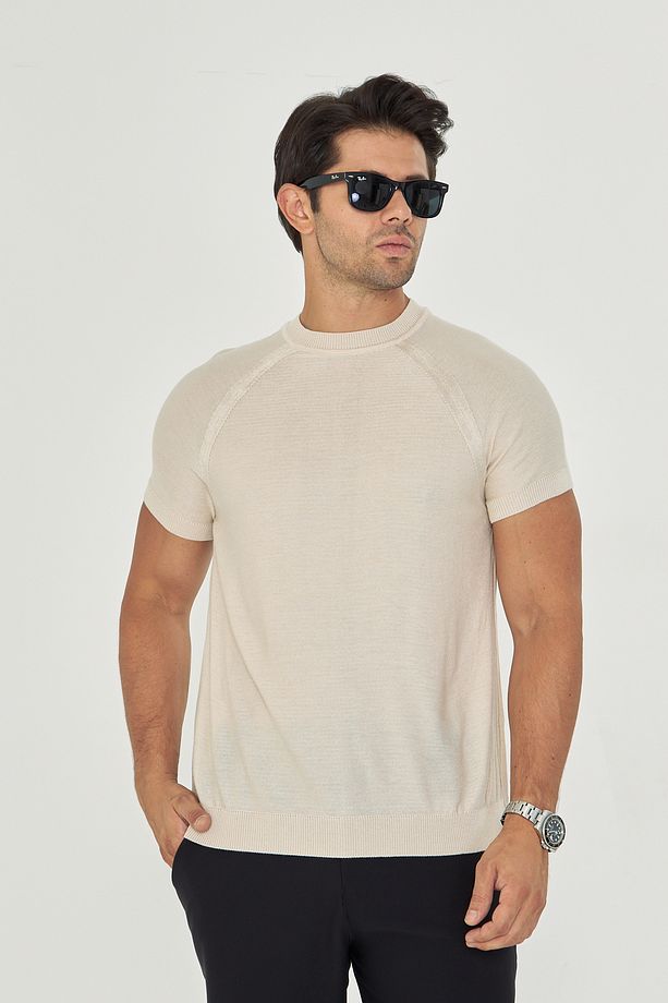 İnce Yazlık Soft Pamuklu Bisiklet Yaka Triko Tshirt - Taş | Mes511597-01 - 1