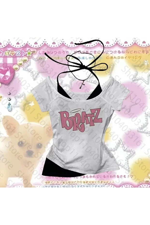 White Gothic Bratz Collar Additional Strap Short Sleeve Full Body Crop