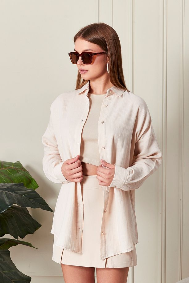 Oversize Basic Müslin Gömlek Bej - 5