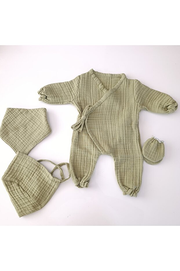 Green Muslin Hospital Discharge 4-Piece Set, Newborn Set. Cotton Breathable Fabric, 4-Layer Muslin