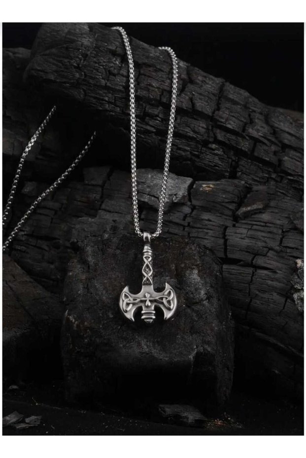 Men's Steel Necklace - Ax Model with Ottoman Motif, Chain for Lover, Spouse, Father