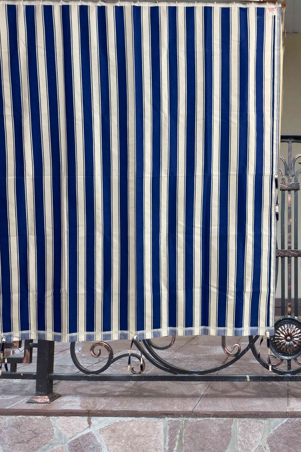 Blue White Balcony Curtain, Arched Curtain, Balcony Curtain with Cornice Buttons and Bird's Eye Holes