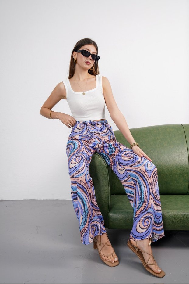 Women's Blue Tie Detail Elastic Waist Relaxed Fit Palazzo Viscose Trousers