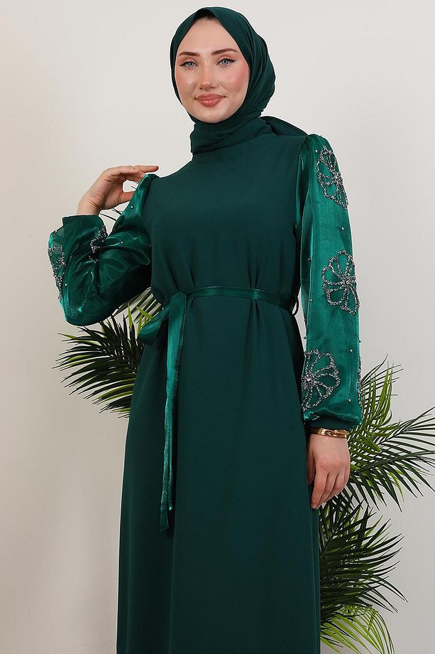 Kolu Yonca Detay Elbise Zümrüt - 6