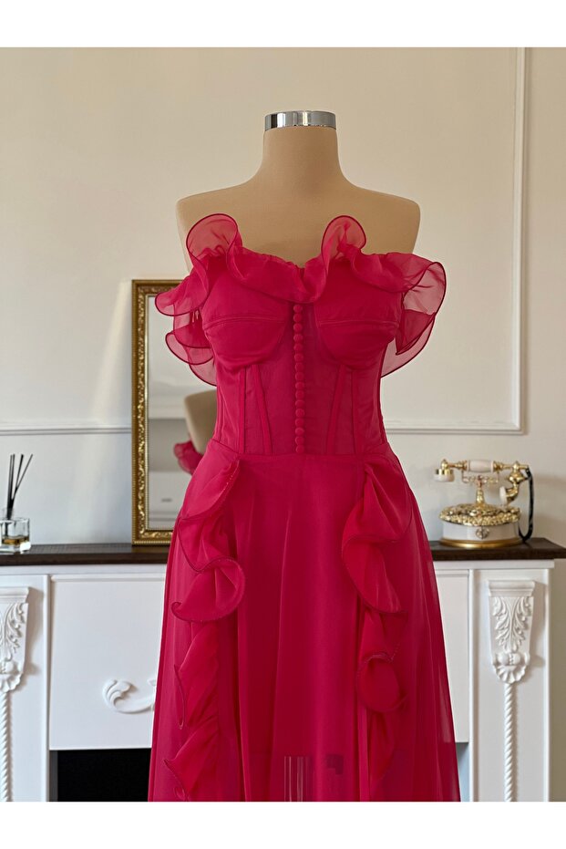 Volanlı straplez elbise - 1