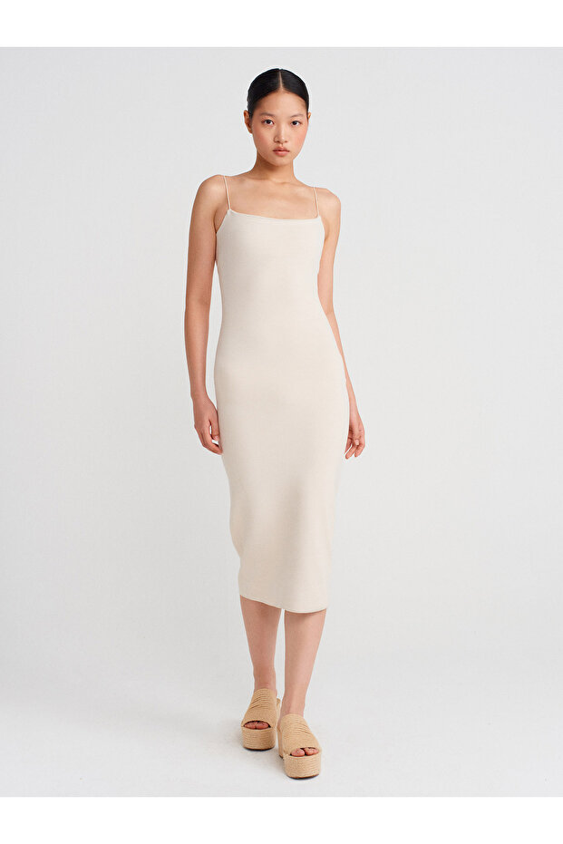91495 Askılı Midi Elbise-Açık Bej - 3