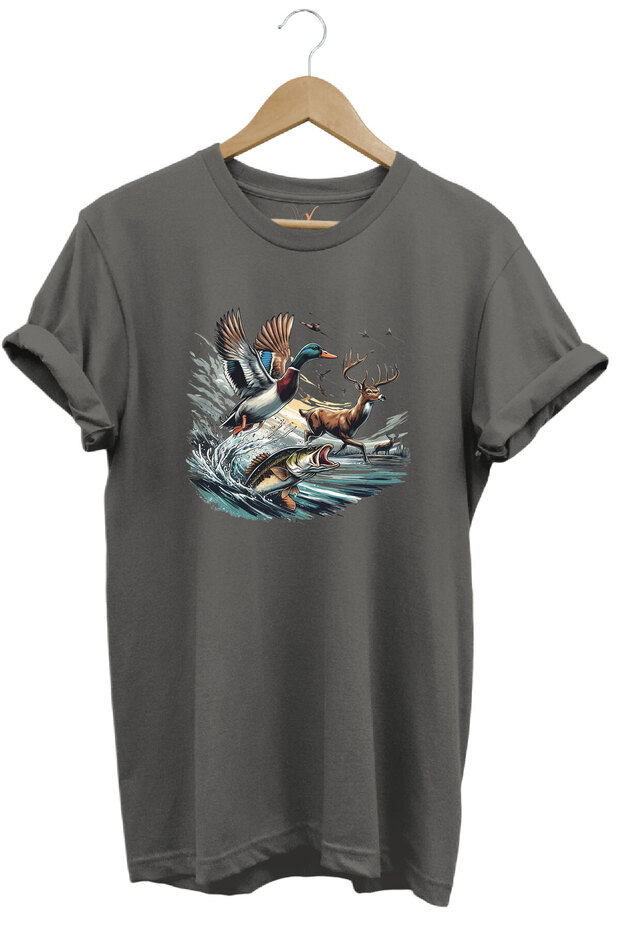 Hunting Themed Deer, Duck and Fish Design 100% Cotton Unisex Regular Fit T-Shirt