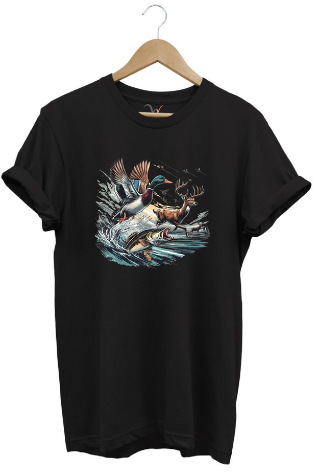Hunting Themed Deer, Duck and Fish Design 100% Cotton Unisex Regular Fit T-Shirt