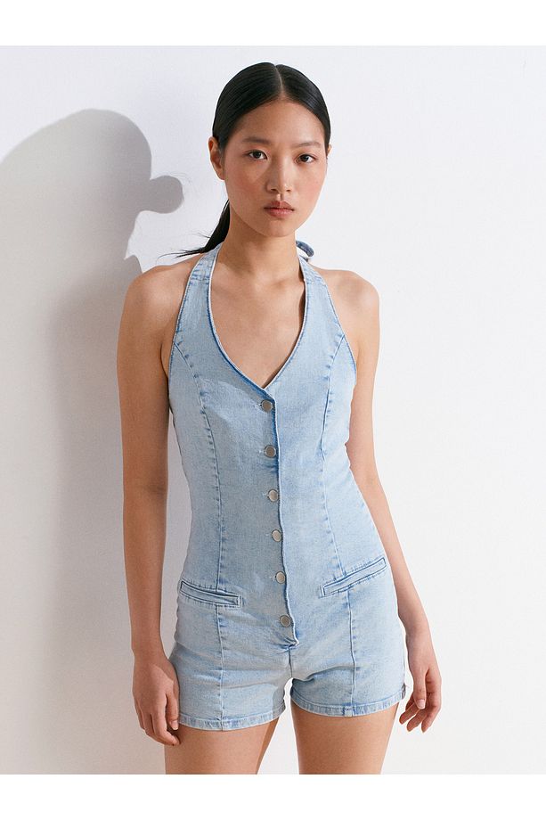 72023 Önü Fletolu Kısa Denim Tulum-Mavi - 5