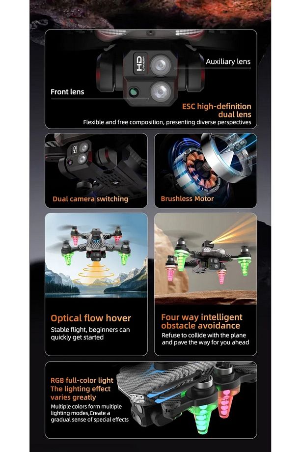 ÇİFT KAMERALI ENGEL KAÇINMA SENSÖRLÜ DRONE UZAKTAN KUMANDALI APP DESTEKLİ LED IŞIKLI QUADCOPTER - 2