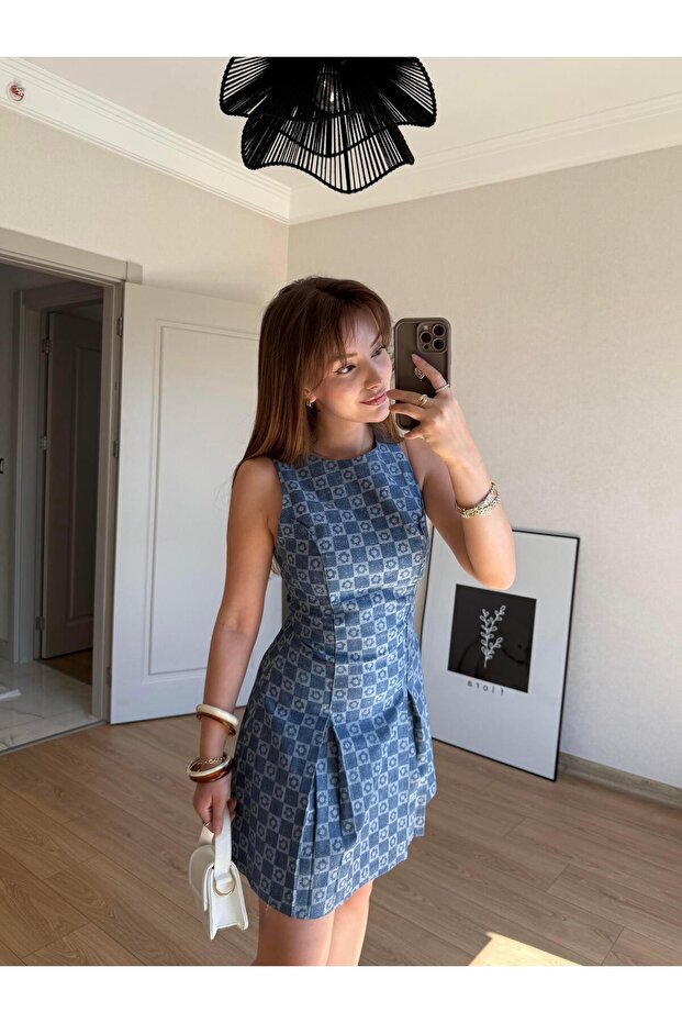Desenli Mini Elbise İndigo - 4