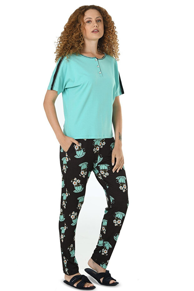 Jiber Women's Cotton Short Sleeve Viscose Pajama Set Bottom Top Home Wear Summer Patterned Pajama Set