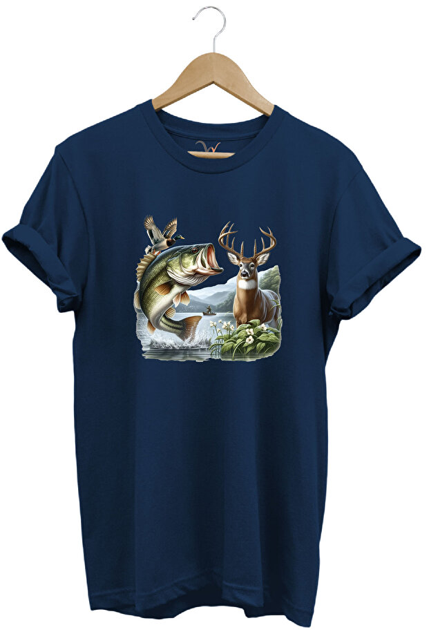 Fishing and Hunting Themed Deer, Duck and Sturgeon Printed 100% Cotton Regular Fit T-Shirt