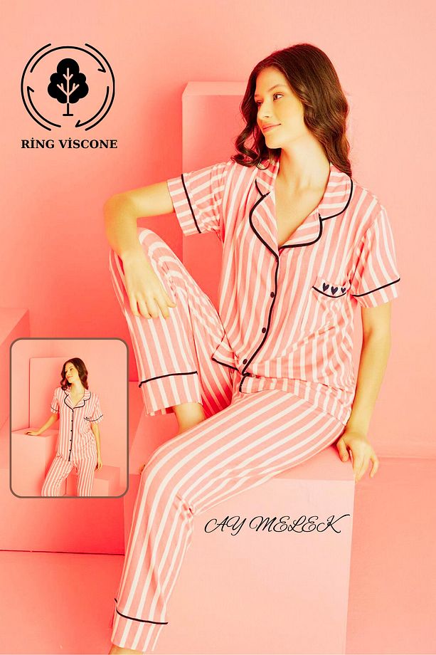 Kadın Pijama Takımı Ring Viscone Bambu Doku Gömlek ve Pijama Seti - 6