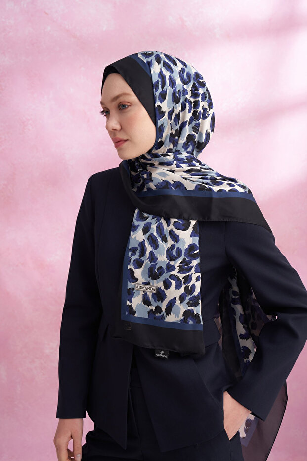 Multi Leopard Patterned Imported Voile Shawl - Navy Blue