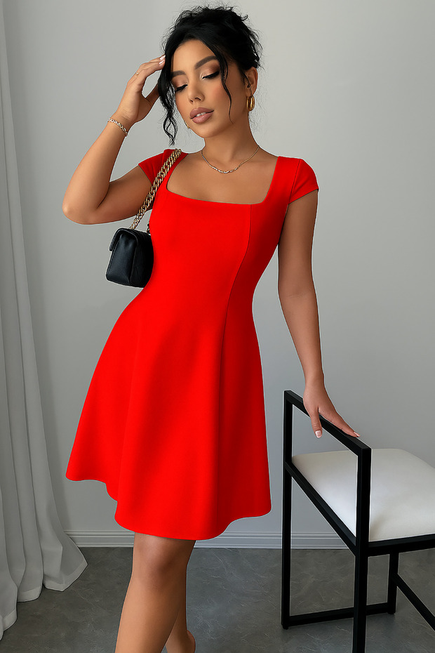 Light Red Women's Square Neck Short Sleeve Scuba Crepe Fabric Dress