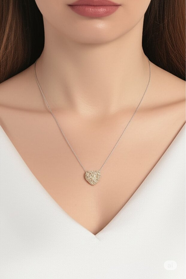 Steel Double Color Zircon Stone Heart Necklace
