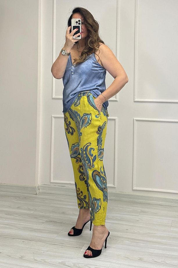 İthal Şal Desen Keten Pantolon Sarı - 3