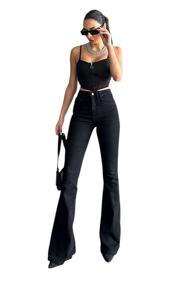 Jacuemma Kadın Siyah Yüksek Bel Esnek Denim Kumaş Flare Jeans - 1