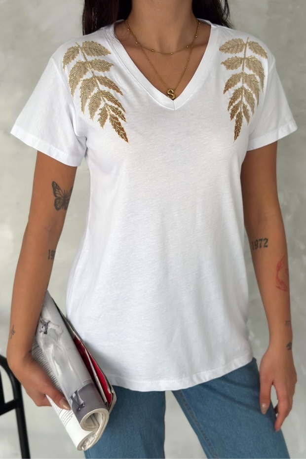Women's White 100% Cotton T-Shirt V-Neck Shoulder Leaf Sequins and Embroidery Embroidered
