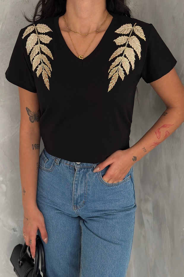 Women's Black 100% Cotton T-Shirt V-Neck Shoulder Leaf Sequins and Embroidery Embroidered
