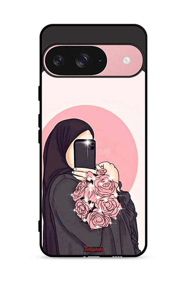 غطاء حماية لهاتف Google Pixel 9 بتصميم فن التقاط صور سيلفي أثناء حمل الزهور