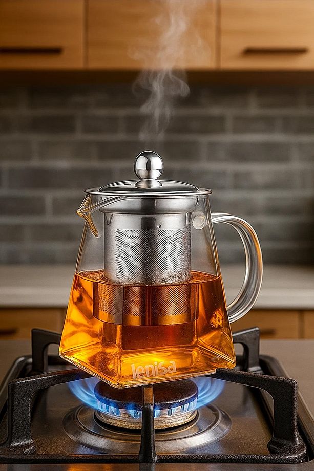 Borosilikat Cam Demlik 950 ML – Çelik Süzgeçli, Isıya Dayanıklı Bitki Çayı, Ocak Üstü Çaydanlık - 4