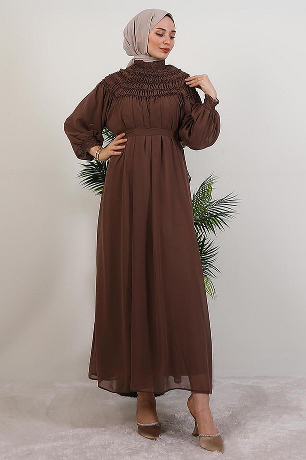 Gipe Detay Şifon Elbise Kahve - 5