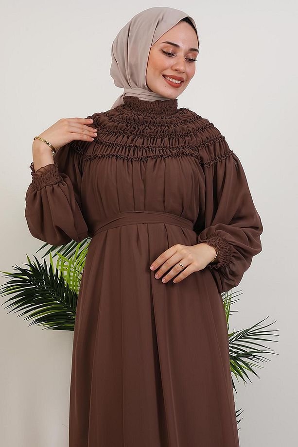 Gipe Detay Şifon Elbise Kahve - 6