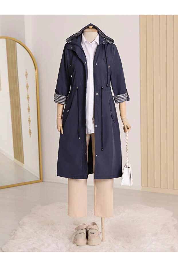Lined Trench Coat - Navy - 1