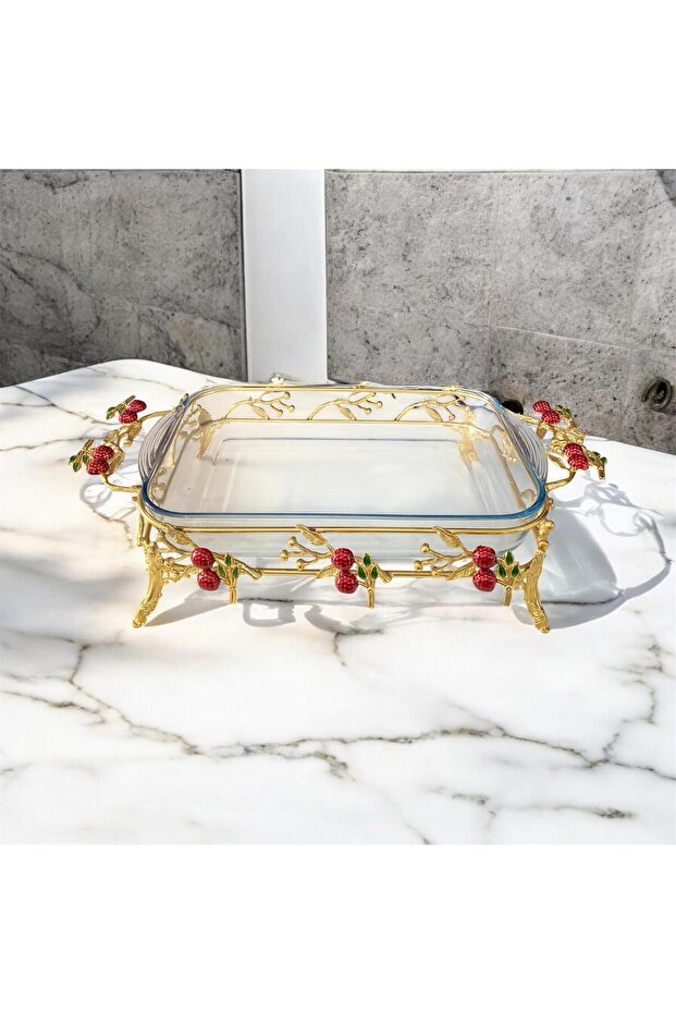 Metal Leg Cherry Rectangular Glass Presentation Plate Gold 50 cm