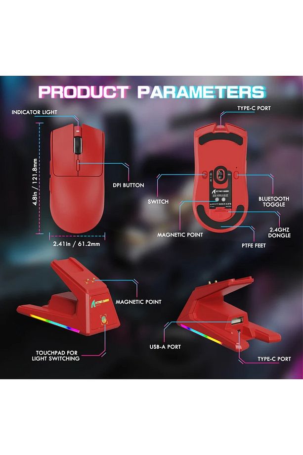 ATTACK SHARK X1 Üç Modlu Oyuncu Faresi Dokunmatik Yüzey RGB Şarj İstasyonu PAW3395PRO Sensör - 7