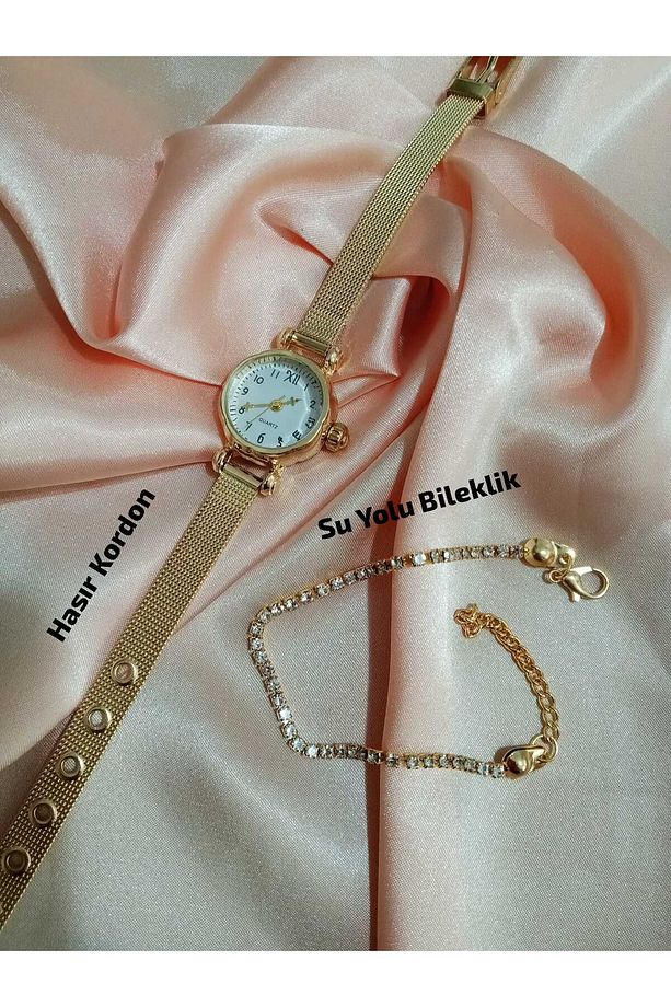 Minimal Model - HASIR GOLD KORDON - Retro Vintage Model Kadın Kol Saati - Su Yolu Bileklikli 0112 - 3