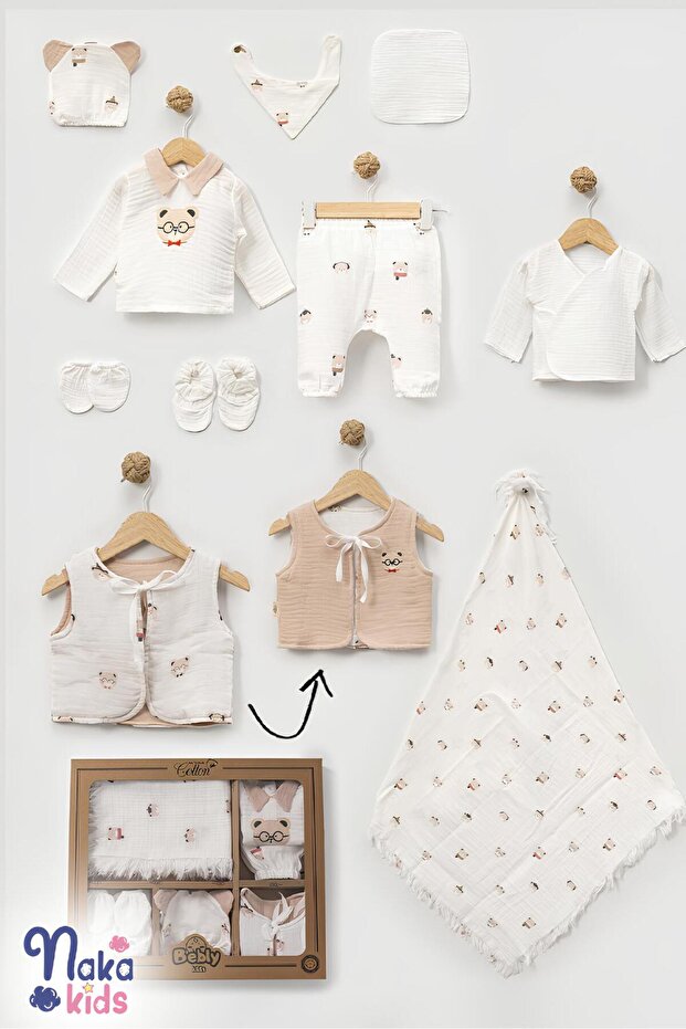 Muslin Teddy Bear Baby Boy Hospital Discharge Set - 10 Pieces