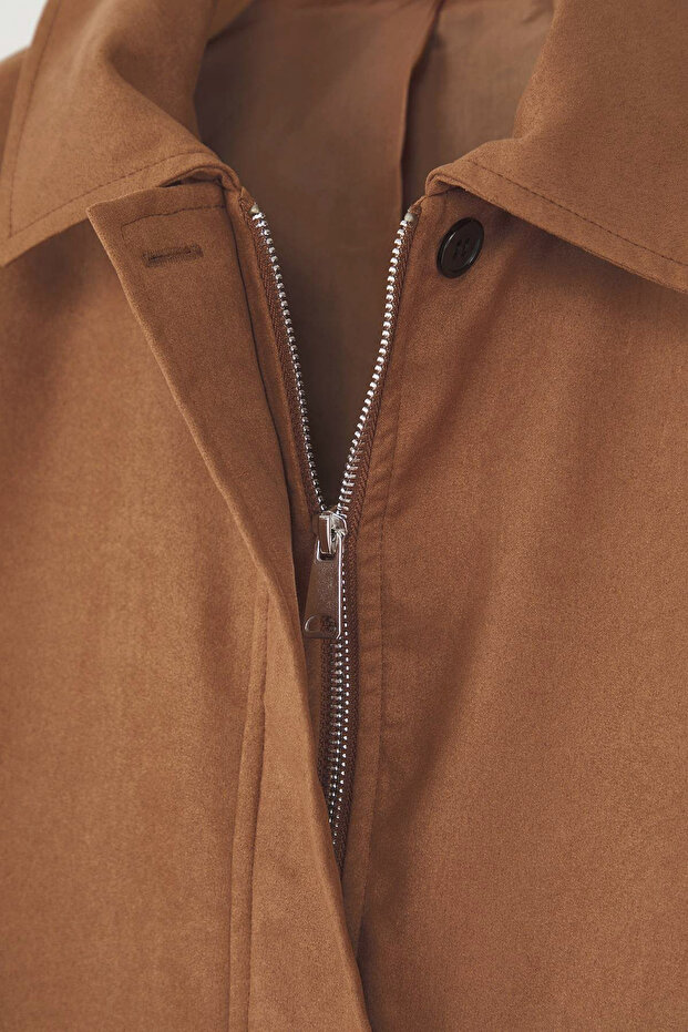 Kahverengi Oversize Kalıp Süet Bomber İnce Ceket Mont TWOAW26MO00126 - 8