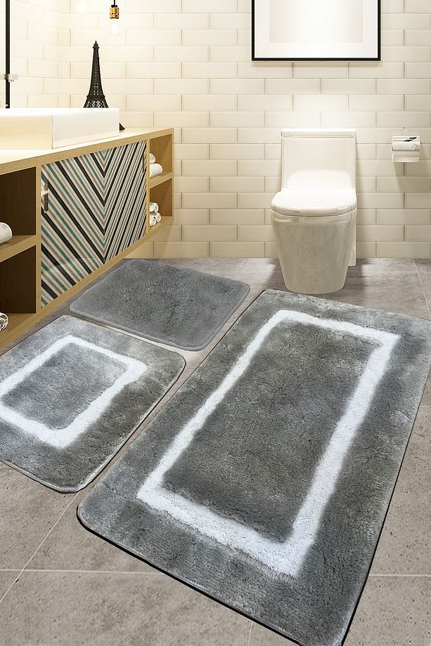 Quadrato Frame Grey 3'lü Set Banyo Halısı Akrilik - 1