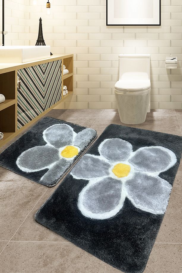 Flower Gri 2'li Set Banyo Halısı Paspas Seti Akrilik - 1