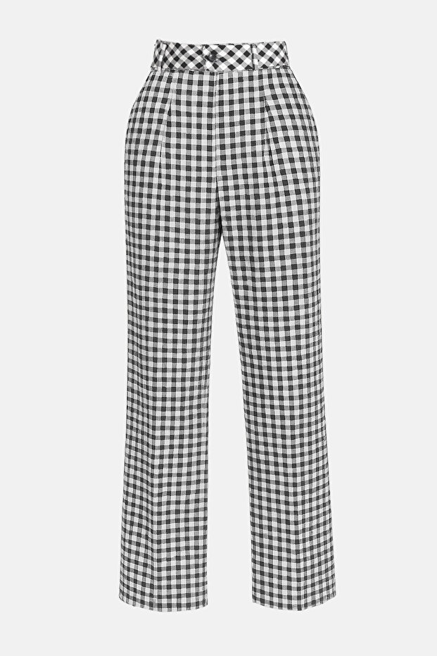 Siyah-Çok Renkli Ekose/Pötikareli Yüksek Bel Bilek Boy Geniş Paça Pantolon TWOSS25PL00132 - 1