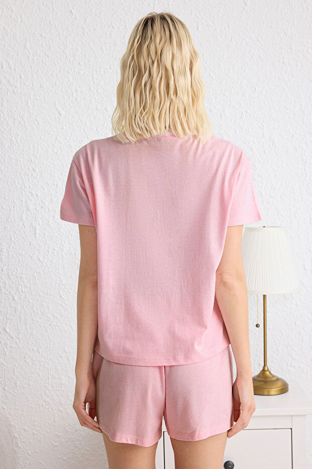Pembe %100 Pamuklu Kalp Patchli Şortlu Örme Pijama Takımı THMSS25PT00155 - 4