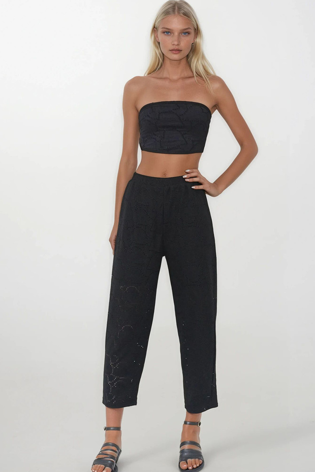 Women's Black Lined Hole Openwork Motif Patterned Trousers and Bustier Bottom Top Set Alc-X14268