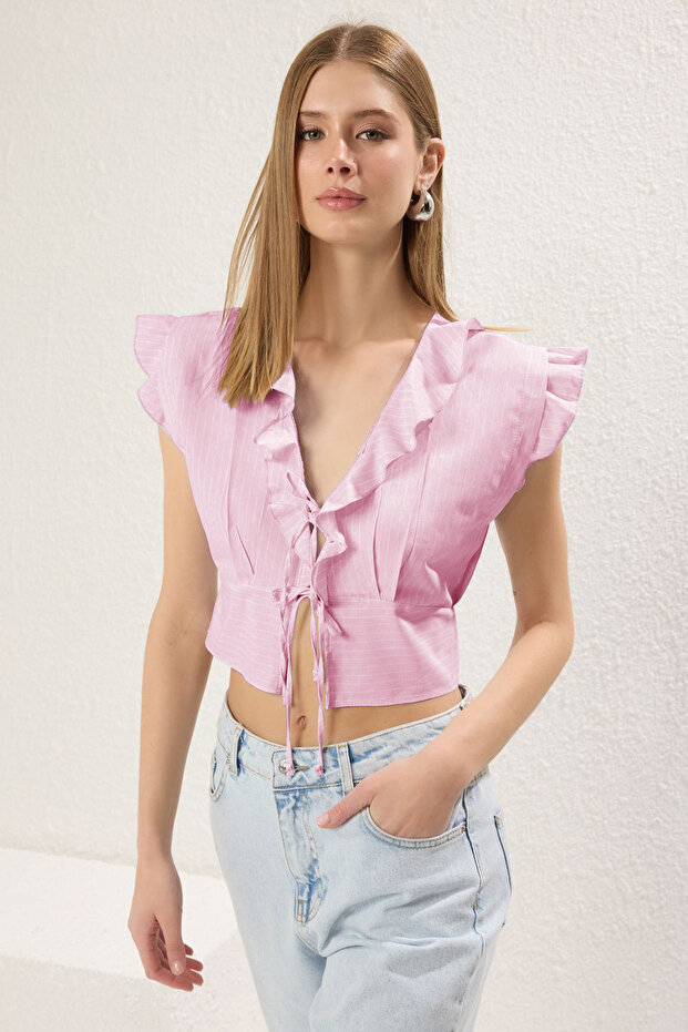 Pembe Çizgili Bağlama Detaylı Dokuma Bluz TWOSS25BZ00424 - 1