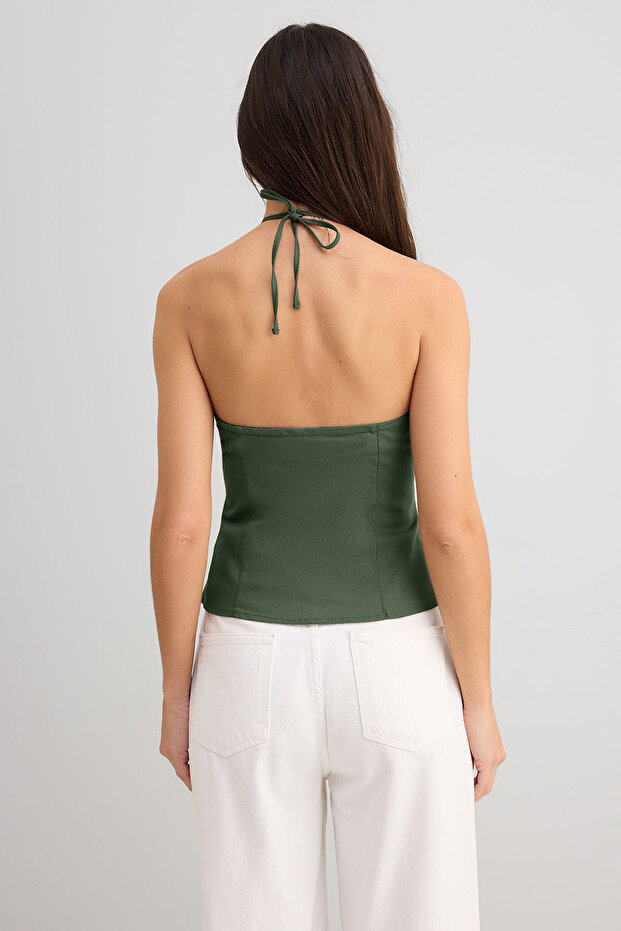 Haki Pamuklu İnce Gabardin Halter Yaka Dokuma Bluz TWOSS25BZ00536 - 6
