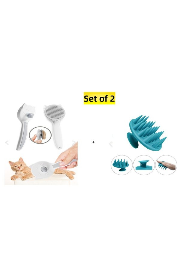 Set of 2 for Cat Dog -Automatic Cleaning Hair Collection Comb and Soft Brush for Scratching and Washing